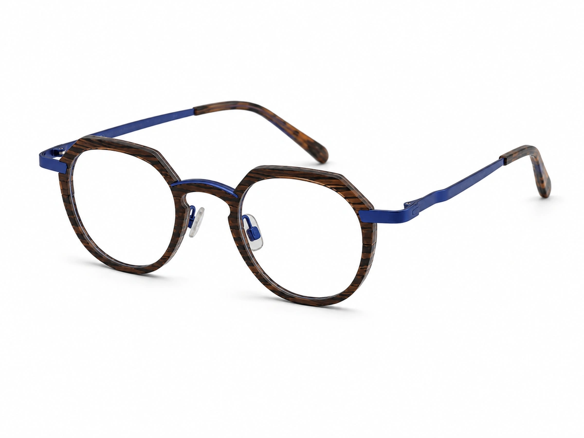 Custom carbon fiber eyeglasses with blue metal temple details