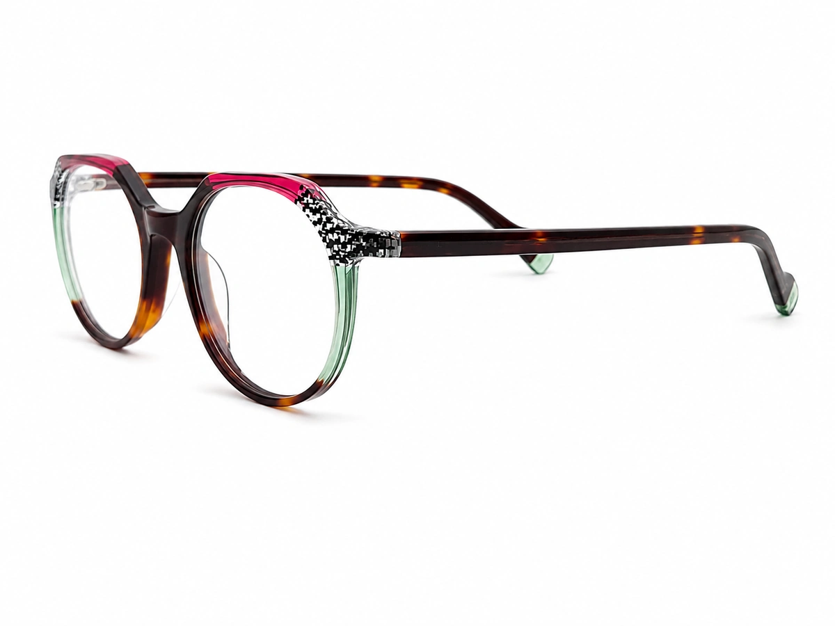 Custom laminated acetate eyeglasses with red, clear and tortoiseshell color combinations