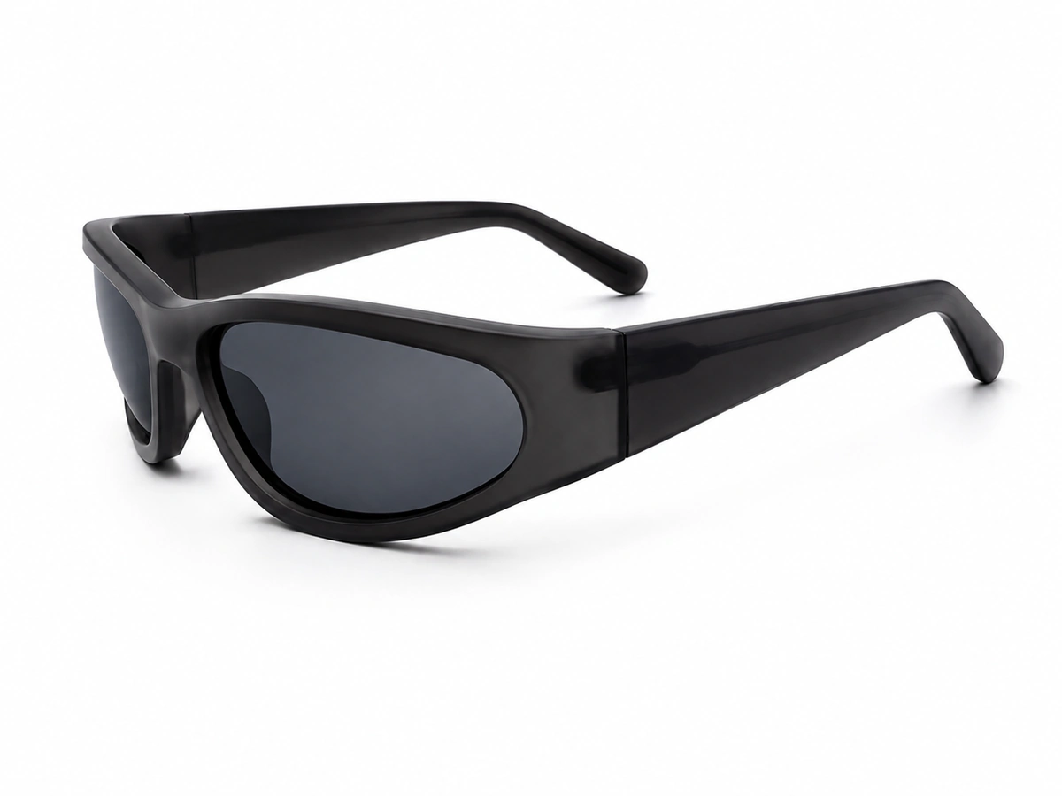 Custom black wraparound sport sunglasses with dark lenses and wide temples