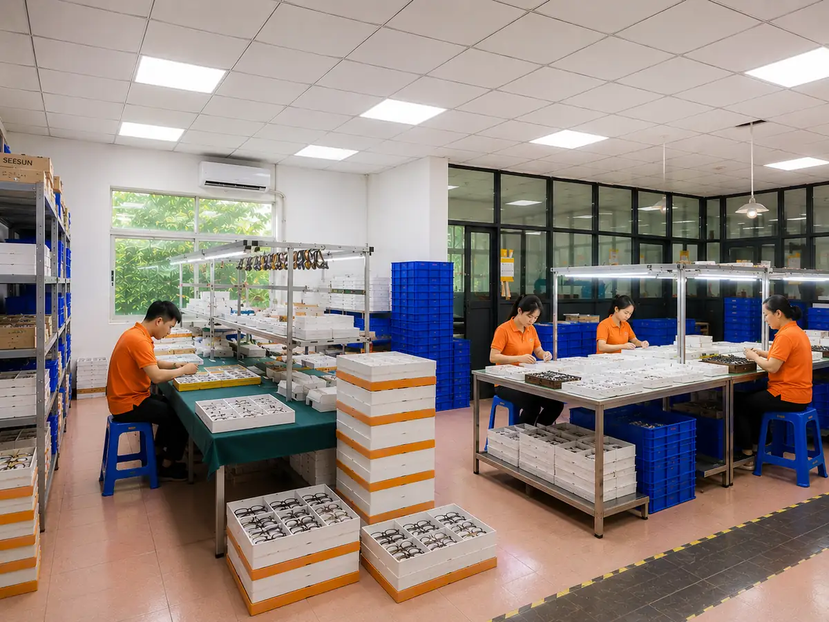 Eyewear assembly, final quality inspection and packaging workshop at Seesun eyeglasses factory