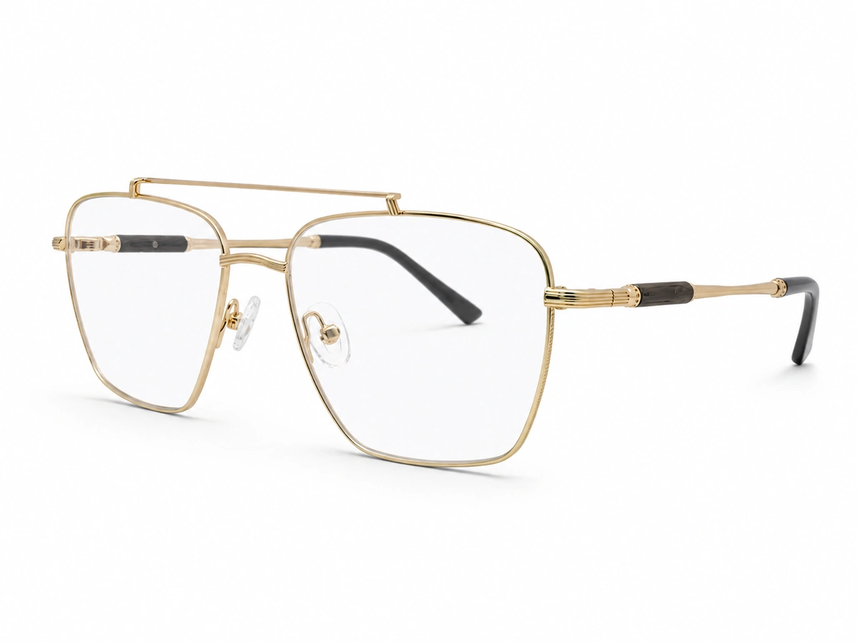 Custom gold titanium eyeglasses with double bridge and clear lenses