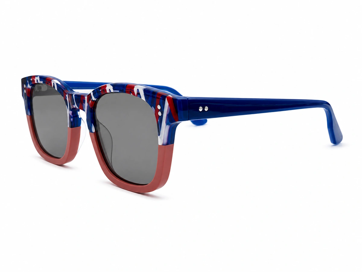 Custom polarized acetate sunglasses with multicolor laminated frame