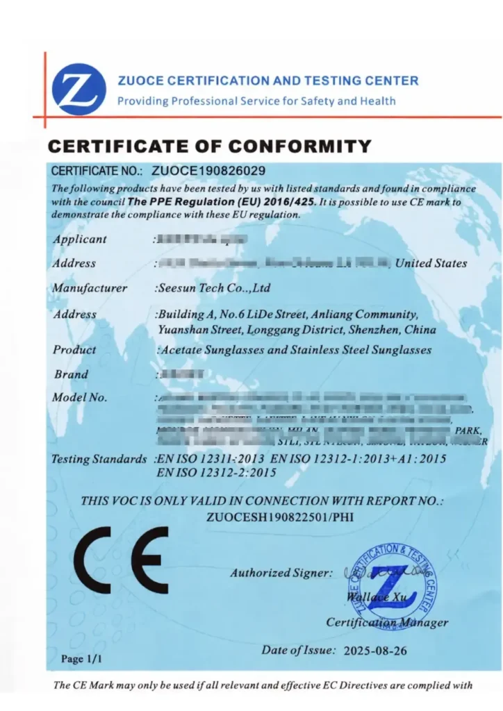 CE compliance certificate for sunglasses manufactured by Seesun