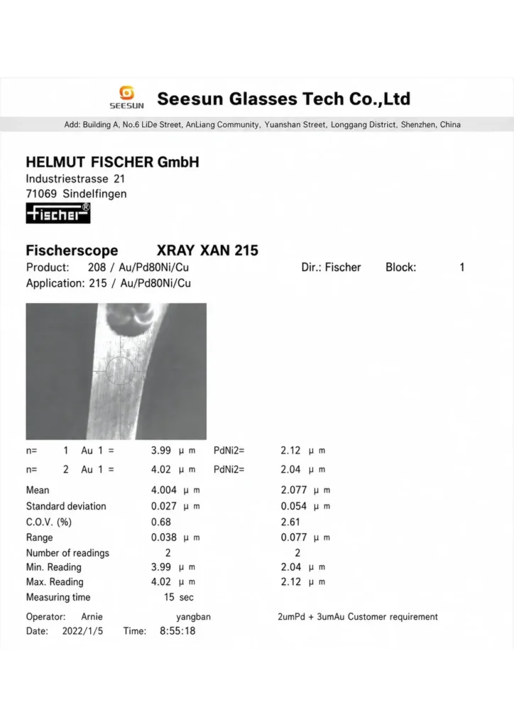 X-ray plating thickness test report for eyewear frames