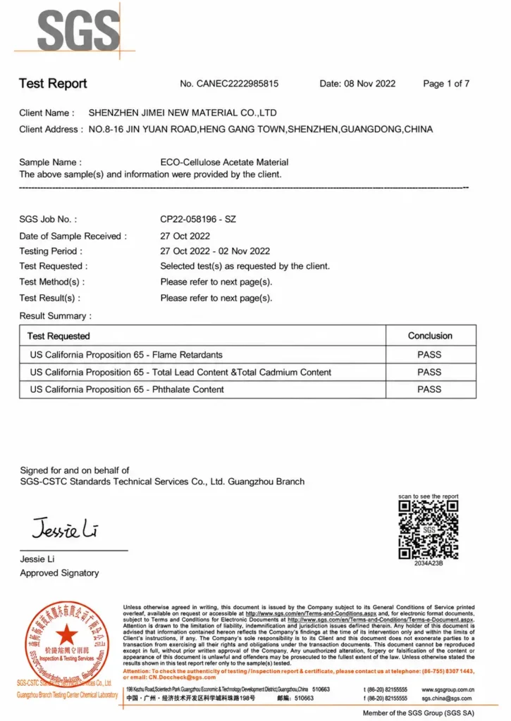SGS California Proposition 65 test report for eco cellulose acetate material