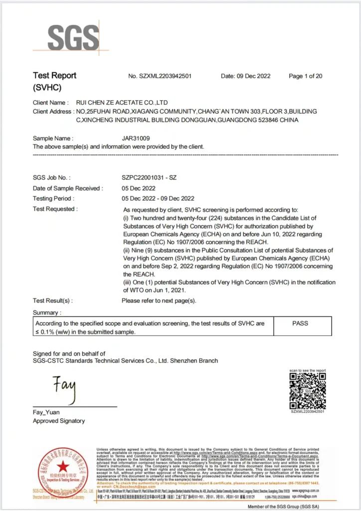 SGS SVHC test report for acetate eyewear material