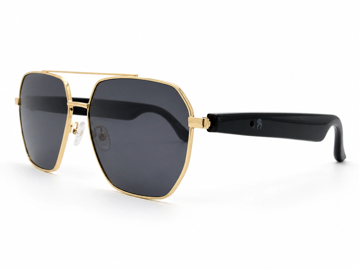 Custom smart glasses with gold metal frame and dark lenses